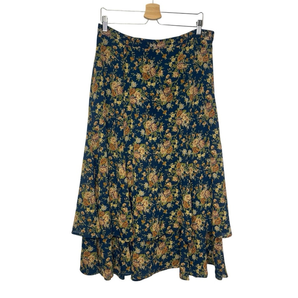 Vtg Liz Claiborne LizSport Blue Floral Maxi Skirt sz 16 Rose‎ Tiered 90s Fairy